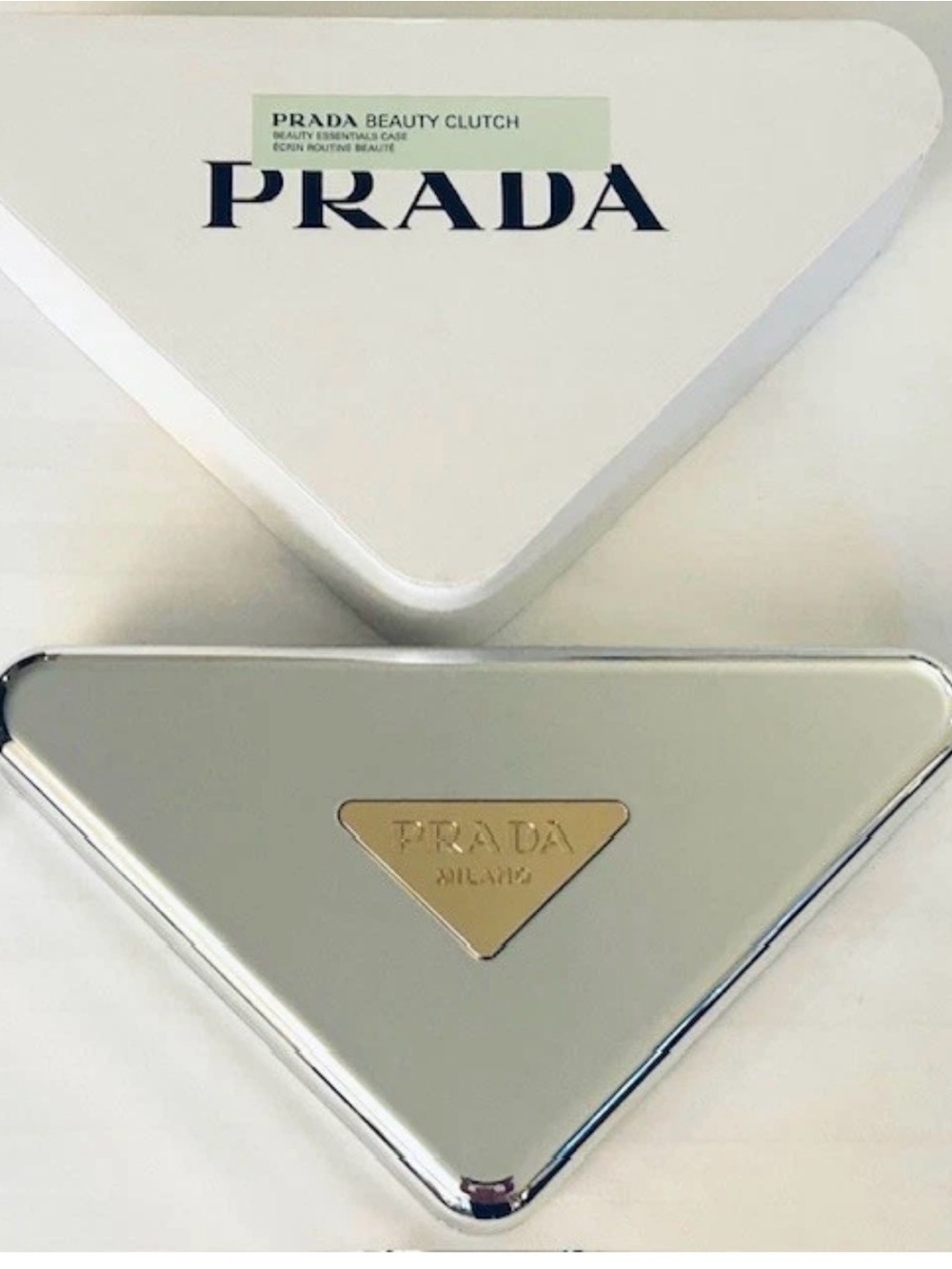 Prada Silver Triangle Beauty Clutch with Gold Logo